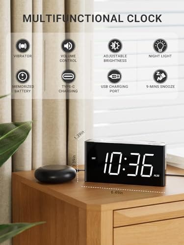 Vibrating Alarm Clock for Heavy Sleepers – Loud Alarm with Bed Shaker, 3 Wake Modes, Large 7.5” Display, 5-Level Dimmer, USB & Type-C Charging, Plug-in with Battery Backup for Bedroom, Teens & Deaf - Thumbnail 2