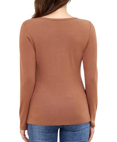 Ganado Long Sleeve Shirts for Women Scoop Neck Thermal Shirt Plain Basic Tops Fitted Layering Undershirts (Coffee, X-Small) - Thumbnail 2