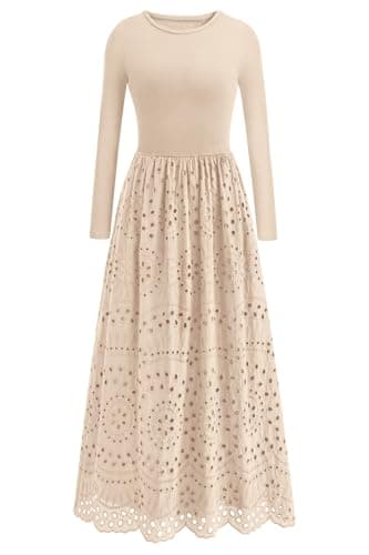 dowerme Women Spring Dresses 2026 Casual Long Sleeve Crewneck A-Line Boho Eyelet Cotton Maxi Wedding Guest Dress Pockets(Beige,Large) - Image 1