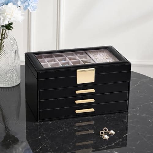 Lolalet Earring Storage Box Case with Glass Top, Large Earring Jewelry Holder Organizer Display with Drawer and Grid, Mothers Day Gifts -4 Tiers, Black - Thumbnail 4