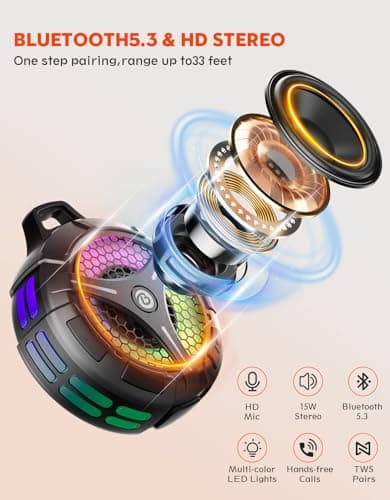 bondidea Waterproof Bluetooth Shower Speaker with Suction Cup, IPX7 Bathroom Speaker, 15W Loud Stereo Sound, Deep Bass, TWS Pairing, RGB Lights, Portable Speaker Gift for Men & Women - Thumbnail 2