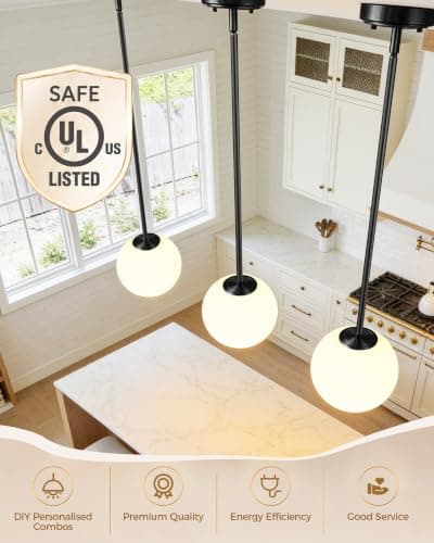 Majade Globe Pendant Lights Kitchen Island Mid Century Modern Pendant Light Fixtures 2 Pack 7.4 Inch Black Ceiling Lighting with Milk White Glass Shade Adjustable Hanging Light for Dining Room - Thumbnail 6