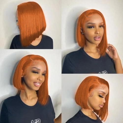 Thusiae 250% Density Ginger Bob Wig Human Hair 13x4 HD Lace Closure Wig Orange Bob Human Hair Wig with Baby Hair Short Straight Bob Colored Wig for Women 14 Inch - Thumbnail 5