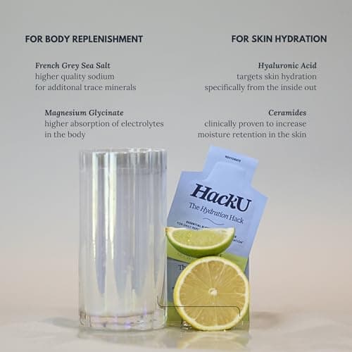HackU Hydration Hack Electrolyte & Skin Hydration Packets – Sugar Free, Bloat-Free Drink Mix with Magnesium, Hyaluronic Acid & Ceramides for Daily Glow & Moisture Support - Thumbnail 4
