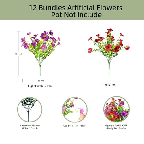 QSPEROV Artificial Flowers for Outdoors UV Resistant, 12 Bundles Realistic Faux Daisy with Eucalyptus Leaves Fake Plants for Porch Patio Planter Garden Decoration (Red Light Purple) - Thumbnail 2