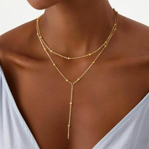 Fimhut Lariat Necklace for Women, 14k Gold Plated Y-Shaped Necklace Trendy Bar Pearl Chain Necklaces Simple Gold Jewelry for Women Gift.Christmas Stocking Stuffers,Valentines Day Gifts - Thumbnail 4