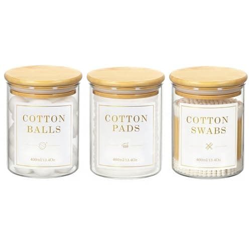 Luxspire 3 Pack Glass Qtip Holder Dispenser, 13.4 oz Cotton Swab Holder with Bamboo Lids, Glass Apothecary Jars Bathroom Accessories Canisters for Cotton Swabs, Balls, Pads, Floss Picks