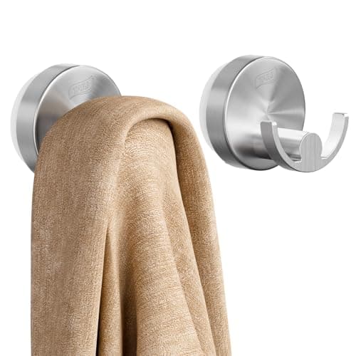 TAILI 304 Stainless Steel Bathroom Suction Hooks for Towel, Bathrobe, Loofah, Patented Strong Suction Cup Holder, No Damage Hanging Glass Shower Wall Hook, Double-Hook Sleek Design, 2 Pack, Silver - Image 1