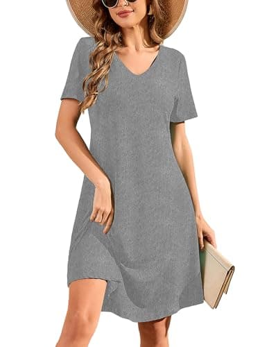 DEARCASE Summer Dresses for Women Mottled Gray X-Large Short Sleeve V-Neck Casual Knee Length Wedding Guest T Shirt Dress Boho Flowy Swing Beach Vacation Party Comfy All-Day Mini Sundress - Image 1