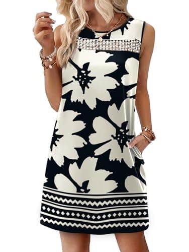 WIHOLL Vacation Outfits for Women Summer Plus Size Mini Dresses 2026 Spring Dresses Casual Beach Dress Trendy Sundresses with Pockets Black Floral 2XL - Image 1
