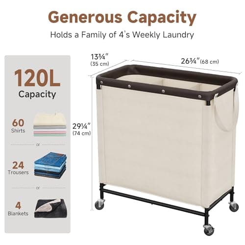 StorageWorks 3 Section Laundry Hamper, Rolling Laundry Cart with Wheels and Handles, Laundry Room Double Sorter for Organizer and Storage, 31.7 Gal(120L), Beige - Thumbnail 2