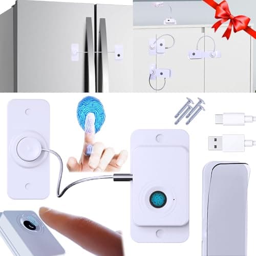 Bstsilver Fingerprint Fridge Lock No Drill w/USB Key, Smart Biometric Cable Latch for Cabinet Drawer Freezer Door Corner Window, Childproof Petproof RV Refrigerator Locks, Furniture Anchors Anti Tip - Image 1