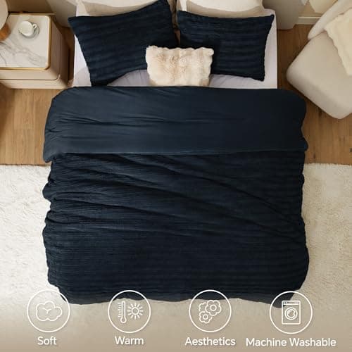 BEDELITE Fleece Twin Comforter Set -Super Soft & Warm Fluffy Navy Faux Fur Bedding, Luxury Fuzzy Heavy Bed Set for Winter with 1 Pillow case - Thumbnail 3