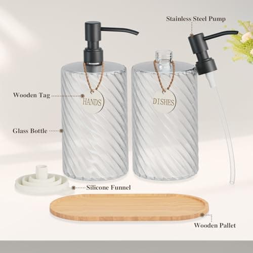 18Oz Spiral Stripe Soap Dispenser Set - Black Stainless Steel Pump with Wood Tray, Refillable for Kitchen Sink & Bathroom Vanity, Dish Liquid & Hand Soap Storage Solution - Thumbnail 3