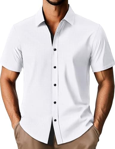 PJ PAUL JONES Mens Short Sleeve Button Down Shirts Casual Stylish Wrinkle-Free Untuckit Dress Shirt White M - Image 1