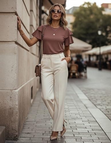 GRACE KARIN Summer Tops for Women Dressy Casual, Ruffle Short Sleeve Work Shirt, 2026 Spring Blouses Chocolate Brown XX-Large - Thumbnail 3