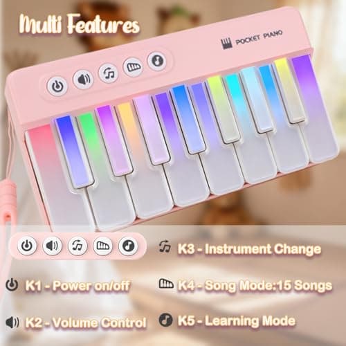 Mini Pocket Piano for Kids - Portable 15-Key Keyboard with Rainbow Lights, Toddlers Musical Instrument Learning Toys Birthday Gift for Ages 2-4 2-6 Boys & Girls (Pink) - Thumbnail 3