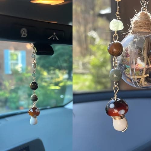 Mushroom Car Accessories for Women Cute Mushroom Hanging Ornament Boho Rear View Mirror Accessories Interior Car Decor Bag Charms Gifts for Women Girls (Brown) - Thumbnail 3