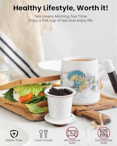 Foinly Ceramic Tea Cup with Infuser and Lid, 13.5 oz Tea Mug for Loose Leaf Tea,Wood Handle,Chinese Dragon Design,All Porcelain Strainer,BPA-Free, Perfect for Tea Lovers/Birthday/Mother's Day (White） - Thumbnail 4
