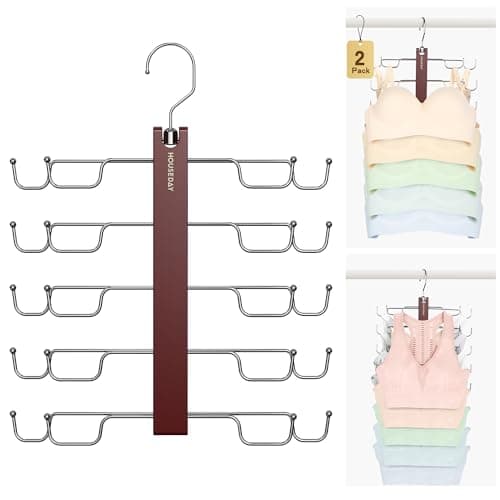 HOUSE DAY Tank Top Hanger, Dual-Row 5 Tier Space Saving Bra Hanger, Premium Lotus Wood Non-Slip Hangers with 360° Swivel Hooks, Closet Organizer for Sports Bras & Tank Tops, Cami (Mahogany 2 Pack)