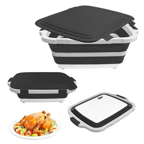 Collapsible BBQ Prep Tub with Cutting Board & Lid, Folding Food Container BPA-Free Heavy-Duty, Dishwasher Safe, Upgraded Drain Hole - for Camping, Grilling Outdoor Cooking (Black, X-Large) - Image 1