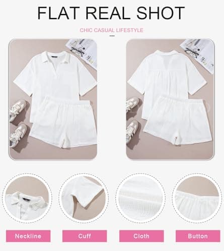Dokotoo Two Piece Outfits 2026 Stylish Casual Solid V Neck Short Sleeve Tops 2 Piece Outfits for Women Summer Sexy Trendy Soft Elastic High Waisted Shorts with Pockets Workout Jumpsuit White S - Thumbnail 5