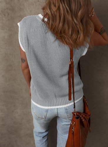 Dokotoo Women Tank Tops Round Neck Cap Sleeve Color Block Cable Knit Womens Tops Womens Tank Tops Sweaters for Women Trendy Gray Large - Thumbnail 3