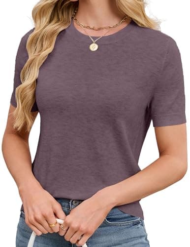 SunnyMelody Womens Short Sleeve Sweater Tops Wool Knit Cashmere Lightweight Crew Neck Loose Fit Teacher Office Blouses Shirts Capsule Wardrobe Dressy Business Outfits Travel Summuer 2026 Purple XL - Image 1