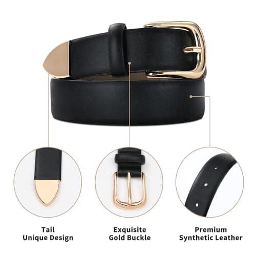 RISANTRY Women's Black Belts with Gold Buckle Ladies Faux Leather Waist Belts for Jeans Dress & Casual Wear - Thumbnail 4