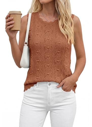 BTFBM Crochet Tank Tops for Women Sleeveless Loose Sweater Vest Top Summer Spring 2026 Cover Ups Beach Vacation Clothes(Rust Red, X-Large) - Thumbnail 6