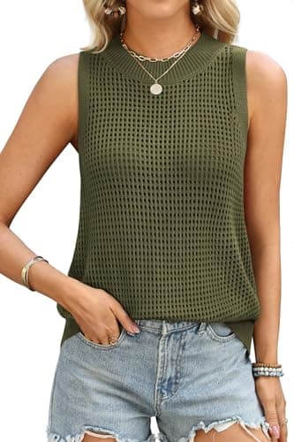 ATHMILE Summer Crochet Tank Tops for Women 2026 Casual Crewneck Hollow Out Loose Knit Sleeveless Sweater Vest Top Trendy Army Green - Image 1