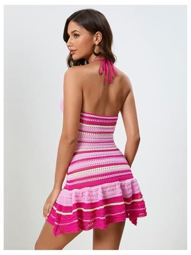 MakeMeChic Women's Summer Crochet Dresses Casual Striped Halter Cut Out Tie Backless A Line Ruffle Mini Dress Pink and White X-Small - Thumbnail 2