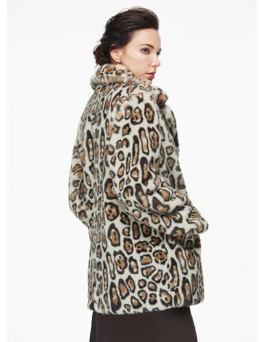 BEAUZSUZSANA Leopard Print Faux Fur Coat Luxurious Long Sleeve Jacket with Pockets Winter Party Blazer Evening Out Coat(Light Leopard,XL) - Thumbnail 3