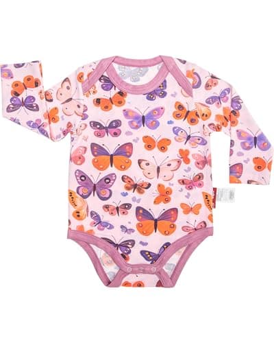 aqpa Long Sleeve Bodysuit for Baby Girls & Boys, Newborn Onesies 92% Viscose from Bamboo, Tagless Baby Clothes w/Snaps (Pink-butterfly, 6-12 Months) - Image 1