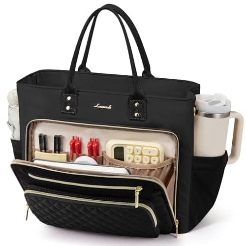 LOVEVOOK Lunch Bag, Tote Bag for Women with Insulated Lunch Compartment, Large Capacity Work Tote fit 17.3 Inch Laptop, Teacher Nurse Bag for Work, Crossbody Bags for Women with Cup Holder, Black - Image 1