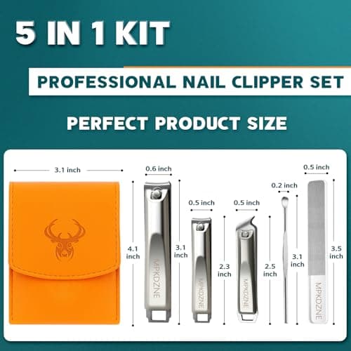 Pro 5-in-1 Nail Clippers Set for Men & Women. Ultra Sharp Stainless Steel Manicure Kit w/Angled Trimmer in Luxury Leather Case. Travel & Home Use (5-in-1 Silver) - Thumbnail 3