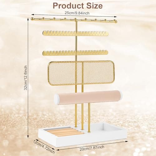 Dntorx 3 Tier Jewelry Stand Holder Organizer, Jewelry Holder Storage Display T Bar Beige Velvet Bracelet Holder Jewelry Tower for Necklace, Earrings, Bracelet, Rings, Watches - Thumbnail 2