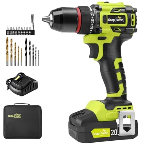 SnapFresh 20V Cordless Brushless Drill Driver, 1/2" Compact Power Drill Set with 500 in-lbs Torque, 20+1 Clutch & 2 Variable Speeds, LED, 2.0Ah Battery & Fast Charger, Electric Tool Kit for Home & DIY