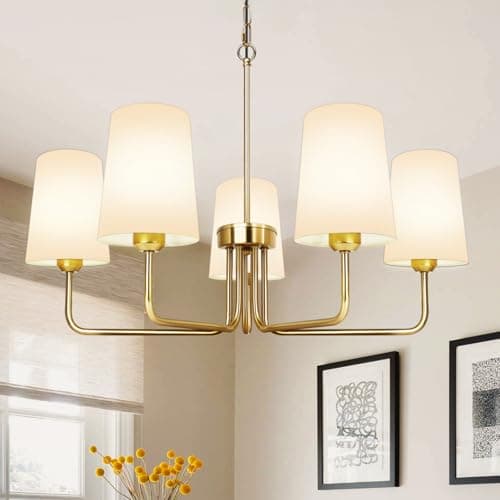 Tadpole Jump Farmhouse Chandelier 5 Lights Chandeliers for Dining Room with White Fabric Shade Rustic Gold Dining Room Light Fixture for Kitchen Bedroom Living Room - Image 1