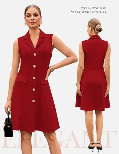 Red Dress for Women V Neck Dress Business Work Dress Sleeveless A Line Midi Dress L - Thumbnail 3