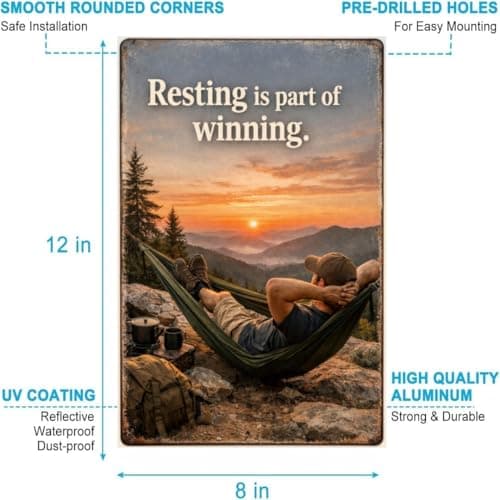 Resting Is Part Of Winning Tin Sign Inspirational Quote Metal Wall Decor Mountain Sunset Hammock Camping Scene Rustic Motivation Plaque Relax Outdoor Adventure Art For Home Office Cabin 8x12 Inch - Thumbnail 5