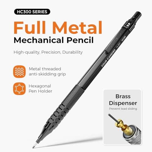 Four Candies Metal Mechanical Pencil Set, 3PCS Art Drafting Pencils 0.5, 0.7, 0.9MM & 2PCS 2MM Mechanical Drawing Pencils with 420PCS Leads (4B 2B HB 2H Color) for Writing Sketching Drawing (Black) - Thumbnail 3