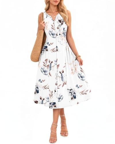 MISFAY Women's Summer Maxi Dress 2026 Sleeveless V Neck Casual Loose Long Beach Sundress Travel Vacation Outfits (Floral White,XL) - Image 1