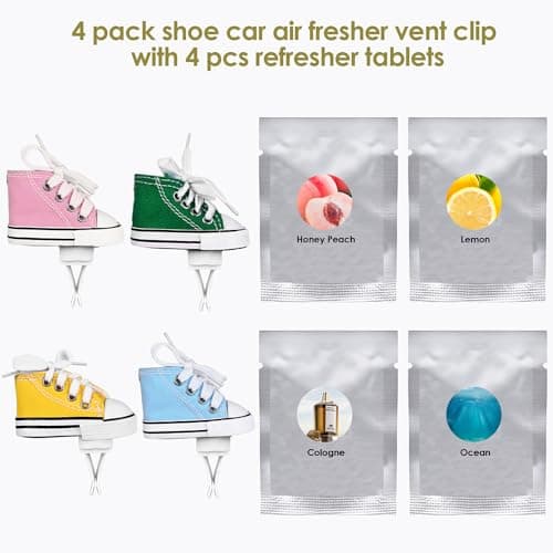 4 pack Car Air Fresheners Cute Shoes Car Air Vent Clip Freshener with 4PCS Reusable Scents Tablets Refills Cars Accessories for Women/Men Cars Interior Decoration Best Gift for Friend - Thumbnail 2