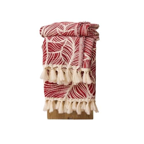 DOWN HOME Chenille Cotton Throw Blanket for Couch, Lightweight Boho Blanket for Bed Sofa Chair Living Room Outdoor Soft Woven Decorative Blanket with Tassel Gift Red Leaves 50"x70" - Image 1