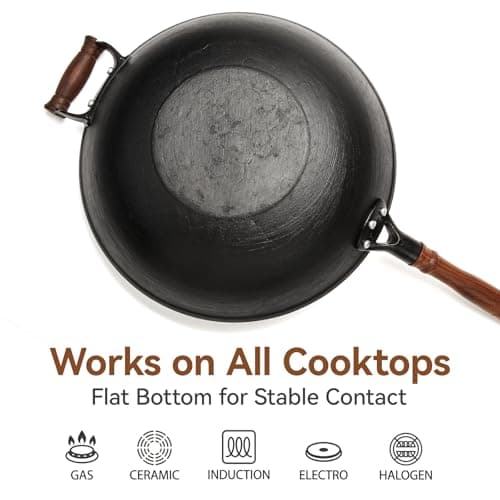 WANGYUANJI Cast Iron Wok Pan with Lid, 14.2 Inch Flat Bottom Uncoated Stir Fry Skillet, Large Heavy Duty Chinese Iron Pot for Family Cooking, Induction & Gas Safe - Thumbnail 3