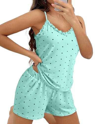 JUSTFASHIONNOW Womens Pajama Sets Shorts Cute Tank Top Shorts Set Ruffle Polka Dots Pj 2 Piece Summer V Neck Pajama Soft Lingerie Sleepwear (Green,X-Large) - Thumbnail 4