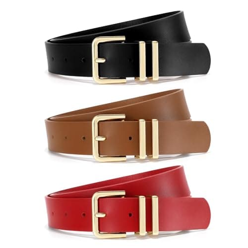 WOWOGO 3 Pack Women Leather Belt for Jeans Dresses Pants 1.3 inches Fashion Ladies Waist Belts Gold Silver Buckle - Image 1