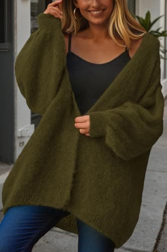 dowerme Women Open Front Cardigans Trendy Fall Long Sleeve Drop Shoulder Soft Knit Slouchy Sweater Spring Outerwear 2026(Army Green,Small) - Thumbnail 5