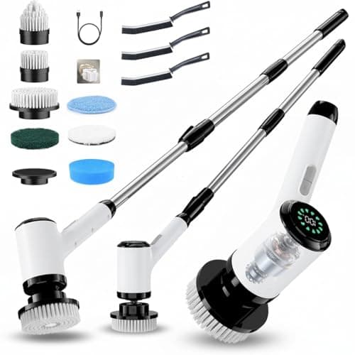 Electric Spin Scrubber, Cordless Power Cleaning Brush with 8 Replaceable Heads, 2 Adjustable Speeds, LED Display & Long Handle, Ideal for Bathroom Tub Tile Floor Car Cleaning - Image 1
